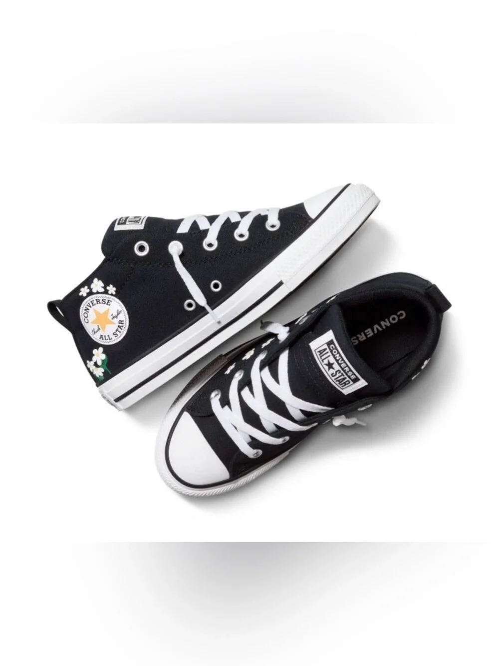 Converse Kids Black High-Top Sneakers with White Accents and Floral Patch